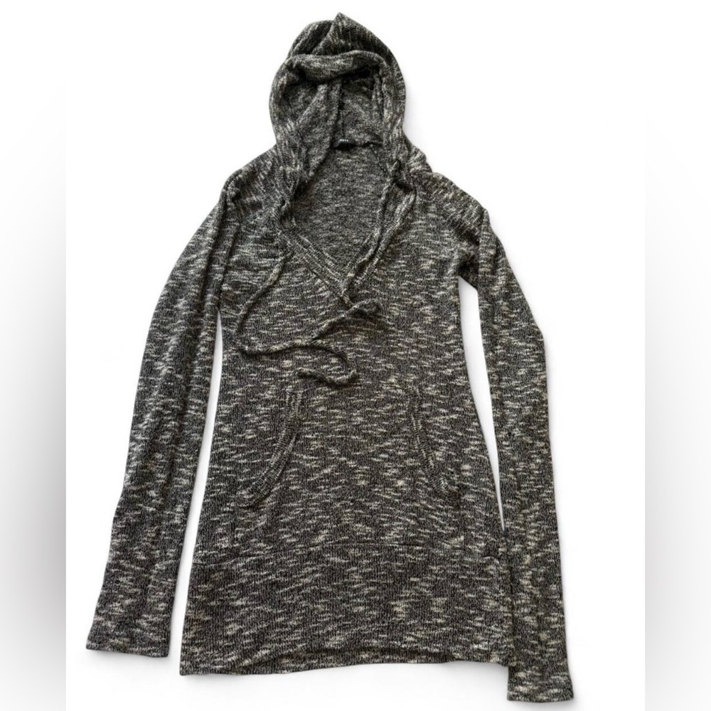 ENTI Hooded Wrap Front Knit Sweater Gray Black Long Sleeve Top